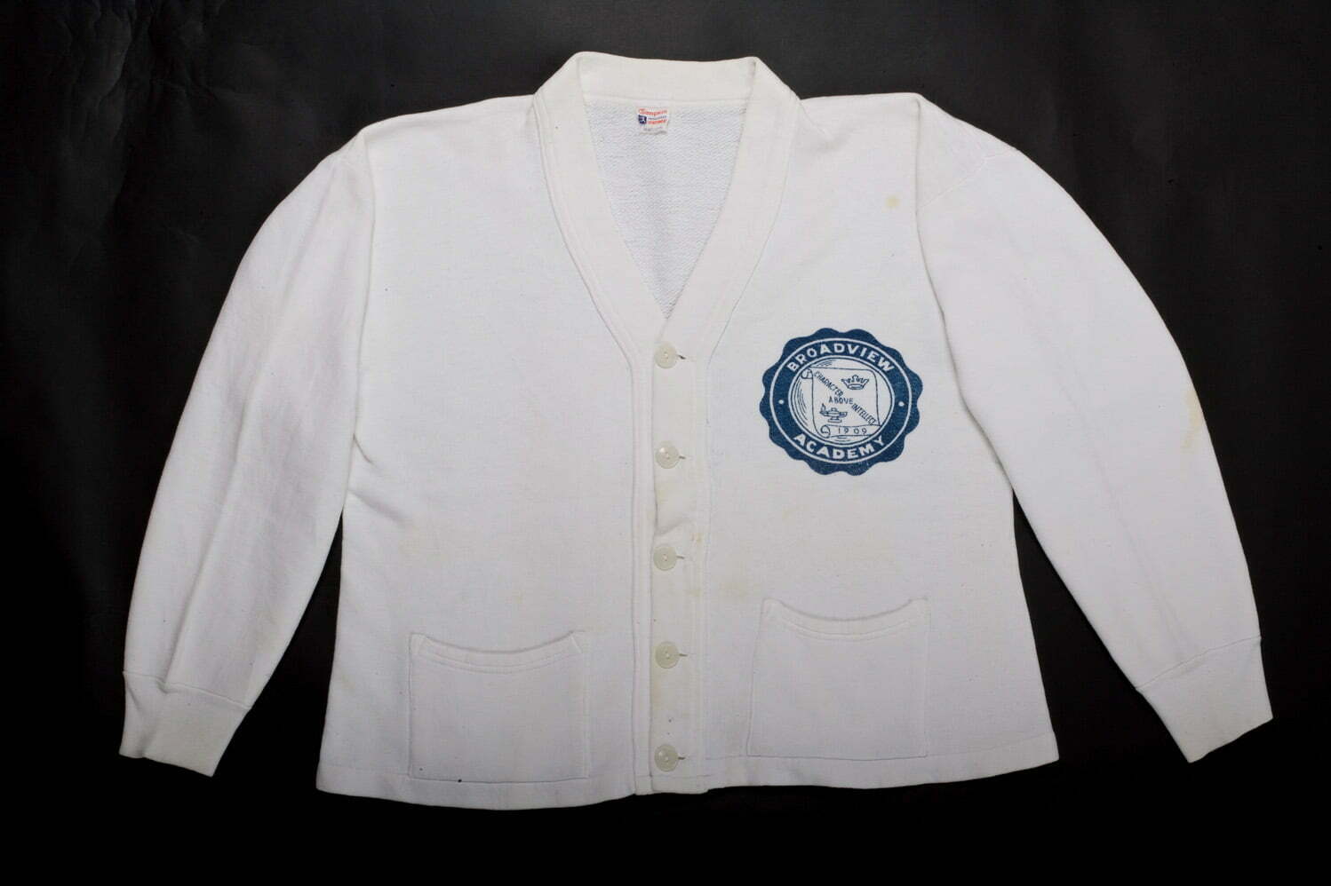 Vintage Auction File 29: Buttoned Cotton Cardigan “Broadview Academy” 